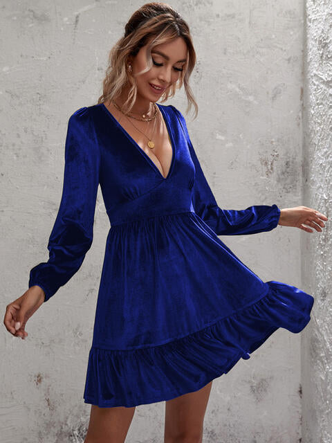 Load image into Gallery viewer, Plunge Long Sleeve Ruffle Hem Dress
