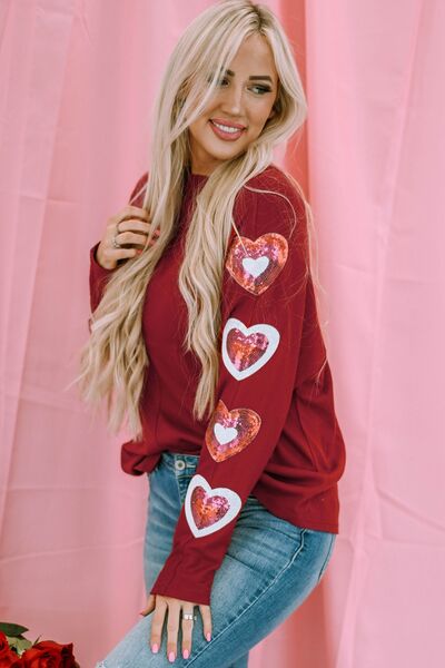 Load image into Gallery viewer, Heart Sequin Round Neck Long Sleeve T-Shirt
