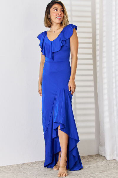 Load image into Gallery viewer, Ruffled V-Neck High-Low Dress
