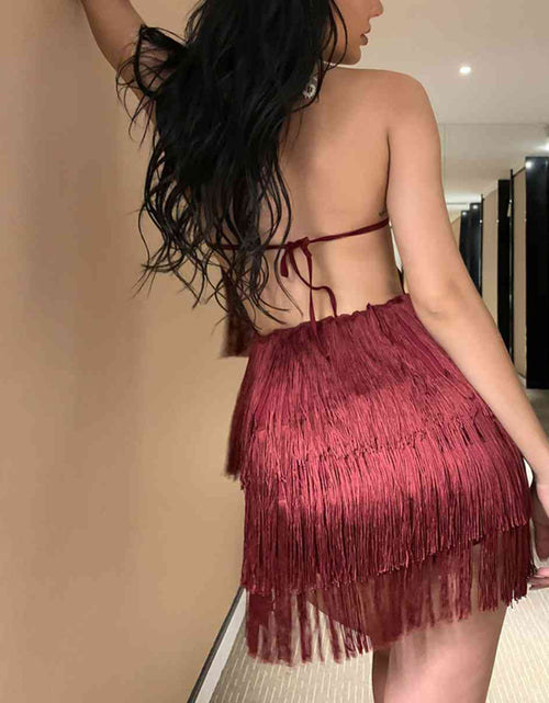 Load image into Gallery viewer, Fringed Halter Neck Tied Back Mini Dress
