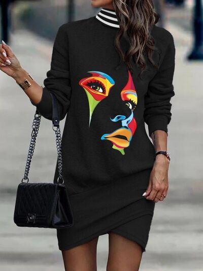 Load image into Gallery viewer, Printed Turtleneck Long Sleeve Mini Dress
