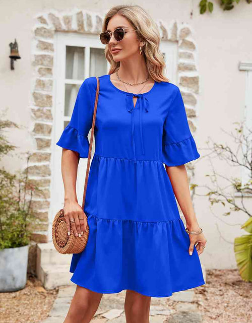 Load image into Gallery viewer, Ruffle Trim Tie Neck Flounce Sleeve Tiered Dress
