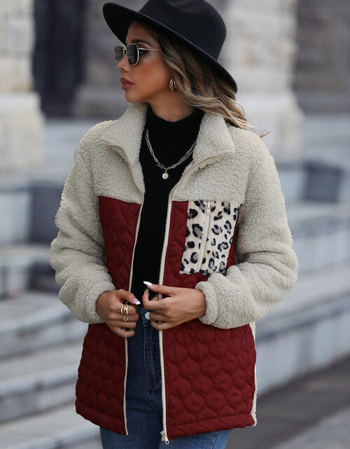 Load image into Gallery viewer, Leopard Color Block Zip-Up Jacket
