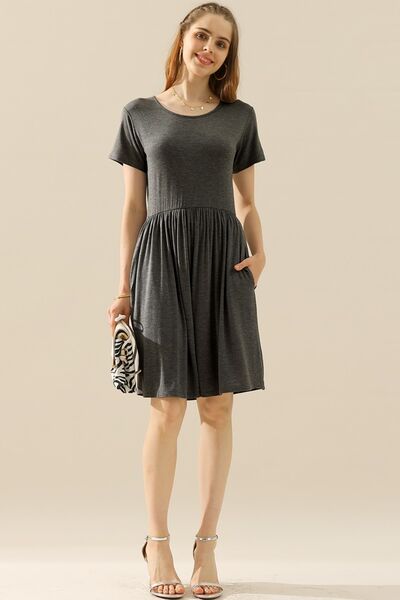 Load image into Gallery viewer, Ninexis Full Size Round Neck Ruched Dress with Pockets
