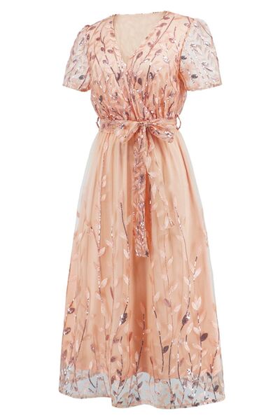 Load image into Gallery viewer, Sequin Leaf Embroidery Tie Front Short Sleeve Dress
