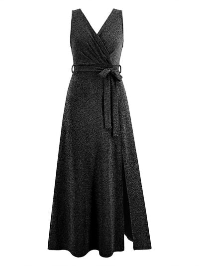 Load image into Gallery viewer, Slit Surplice Tie Waist Sleeveless Dress
