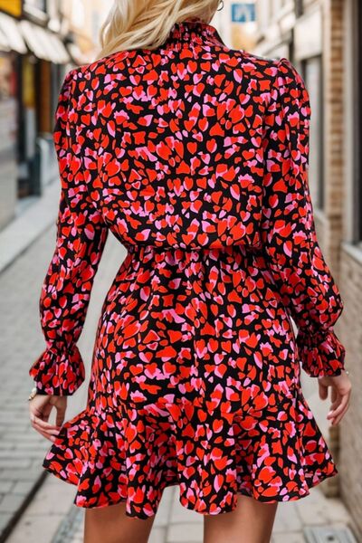 Load image into Gallery viewer, Heart Printed Mock Neck Flounce Sleeve Dress
