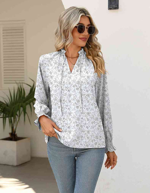 Load image into Gallery viewer, Printed Tie Neck Flounce Sleeve Blouse
