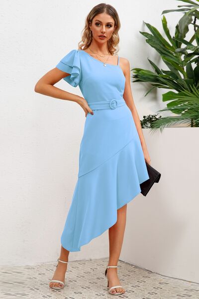 Load image into Gallery viewer, Ruffled Asymmetrical Neck Flutter Sleeve Dress
