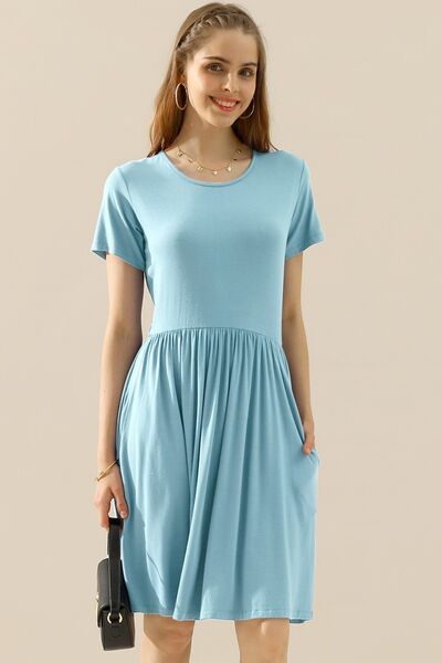 Load image into Gallery viewer, Ninexis Full Size Round Neck Ruched Dress with Pockets
