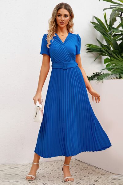 Load image into Gallery viewer, Pleated Surplice Short Sleeve Midi Dress
