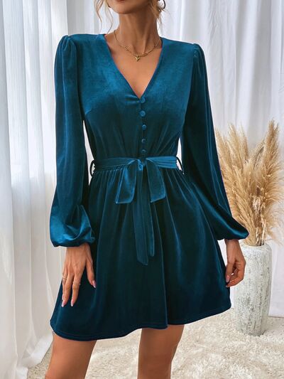 Load image into Gallery viewer, V-Neck Tie Waist Mini Dress
