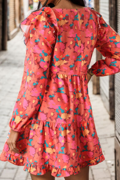 Load image into Gallery viewer, Printed Ruffle Trim Balloon Sleeve Tiered Dress
