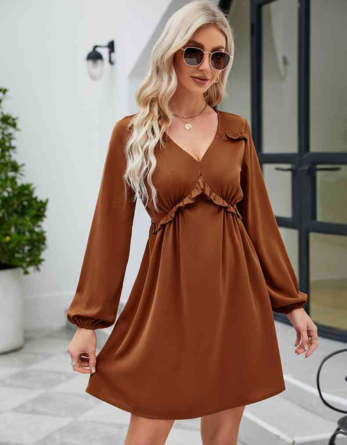 Load image into Gallery viewer, Frill Trim V-Neck Long Sleeve Dress
