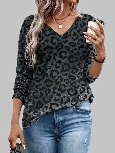 Load image into Gallery viewer, Leopard V-Neck Long Sleeve T-Shirt
