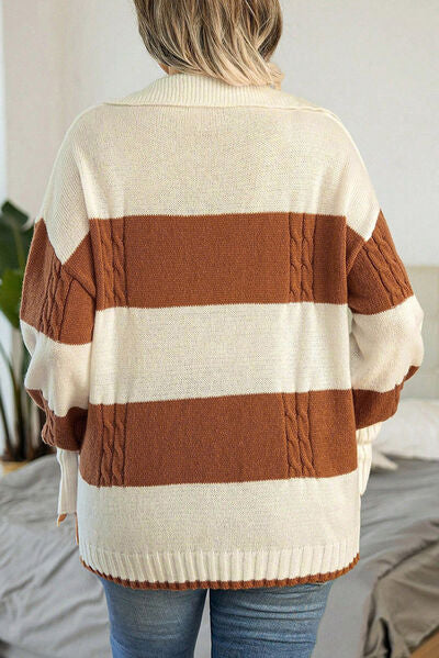 Load image into Gallery viewer, Striped Johnny Collar Dropped Shoulder Sweater
