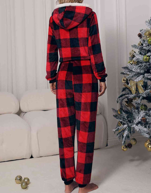 Load image into Gallery viewer, Plaid Zip Front Long Sleeve Hooded Lounge Jumpsuit
