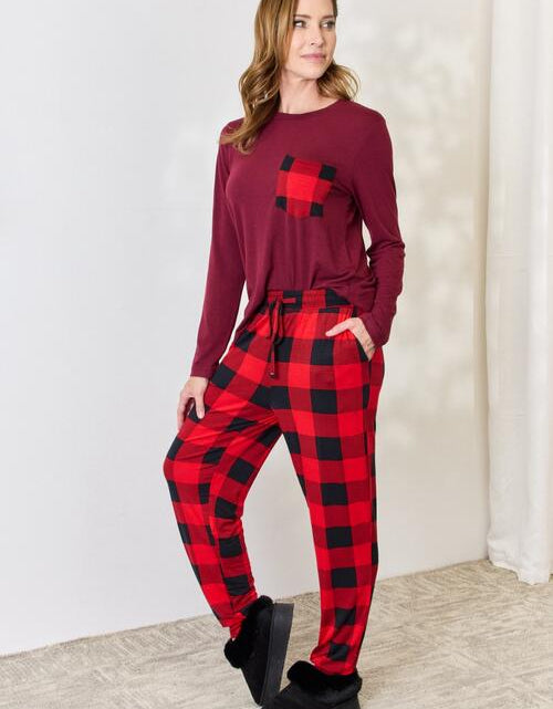 Load image into Gallery viewer, Zenana Full Size Plaid Round Neck Top and Pants Pajama Set
