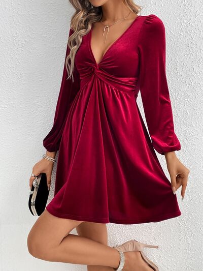 Load image into Gallery viewer, Twisted V-Neck Balloon Sleeve Mini Dress
