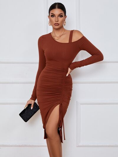 Load image into Gallery viewer, Ribbed Ruched Drawstring Wrap Dress
