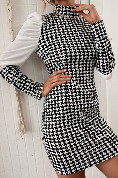 Load image into Gallery viewer, Houndstooth Mock Neck Puff Sleeve Dress
