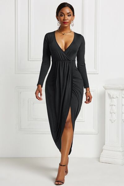 Load image into Gallery viewer, High-low Ruched Surplice Long Sleeve Dress
