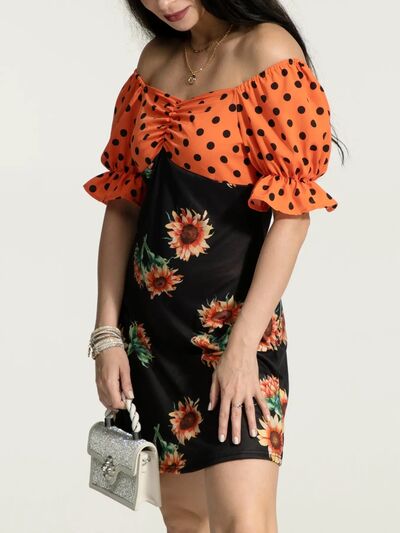 Load image into Gallery viewer, Ruched Polka Dot Flounce Sleeve Dress
