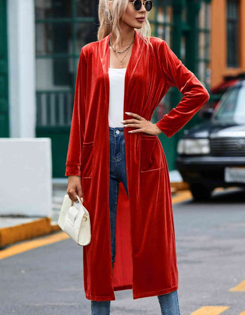 Load image into Gallery viewer, Velvet Open Front Long Cardigan with Pockets
