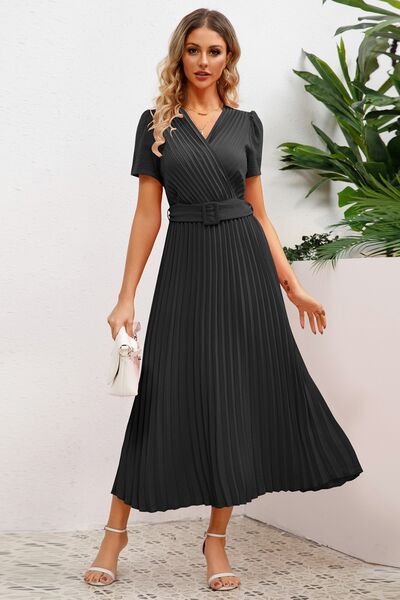 Load image into Gallery viewer, Pleated Surplice Short Sleeve Midi Dress
