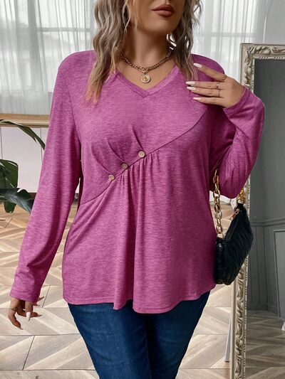 Plus Size Heathered V-Neck Decorative Button T-Shirt