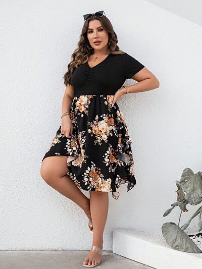 Load image into Gallery viewer, Plus Size Printed Ruched V-Neck Short Sleeve Dress
