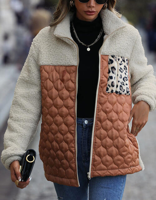 Load image into Gallery viewer, Leopard Color Block Zip-Up Jacket
