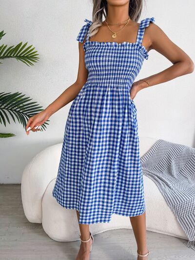 Load image into Gallery viewer, Frill Plaid Square Neck Midi Dress
