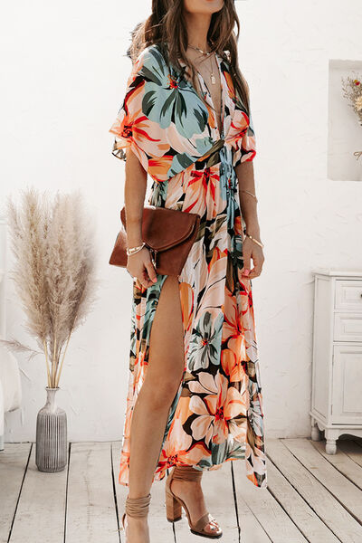 Load image into Gallery viewer, Plunge Split Printed Short Sleeve Dress
