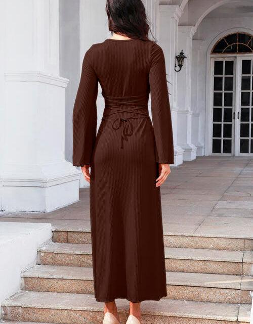 Load image into Gallery viewer, Tie Back Ribbed Round Neck Long Sleeve Dress
