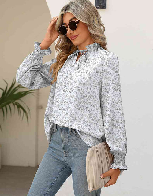 Load image into Gallery viewer, Printed Tie Neck Flounce Sleeve Blouse
