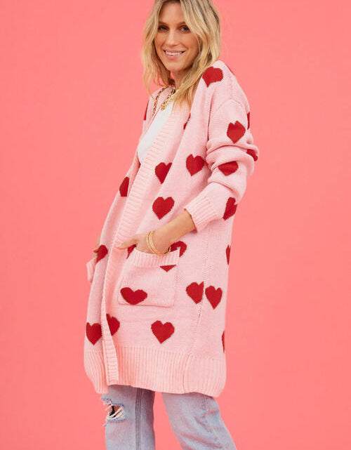 Load image into Gallery viewer, Heart Graphic Open Front Cardigan with Pockets
