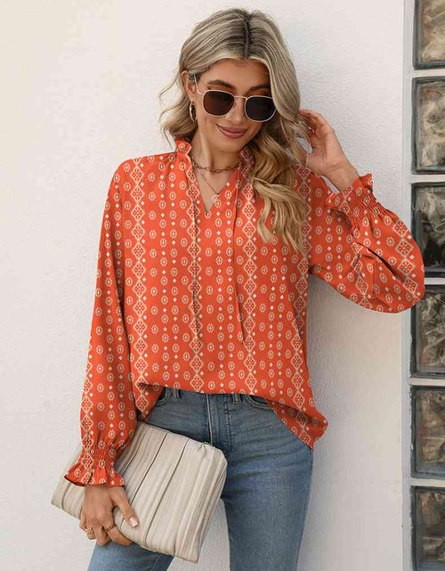 Load image into Gallery viewer, Printed Tie Neck Flounce Sleeve Blouse
