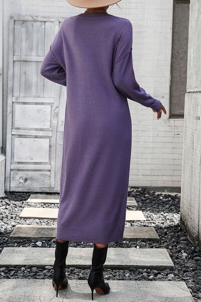 Load image into Gallery viewer, Decorative Button Notched Dropped Shoulder Sweater Dress
