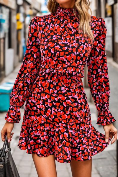 Load image into Gallery viewer, Heart Printed Mock Neck Flounce Sleeve Dress
