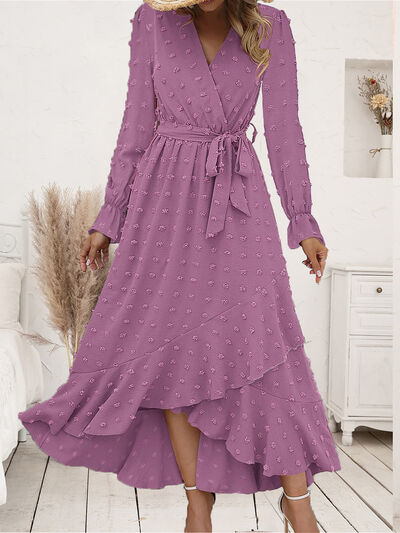 Load image into Gallery viewer, Swiss Dot Tie Waist Flounce Sleeve Dress
