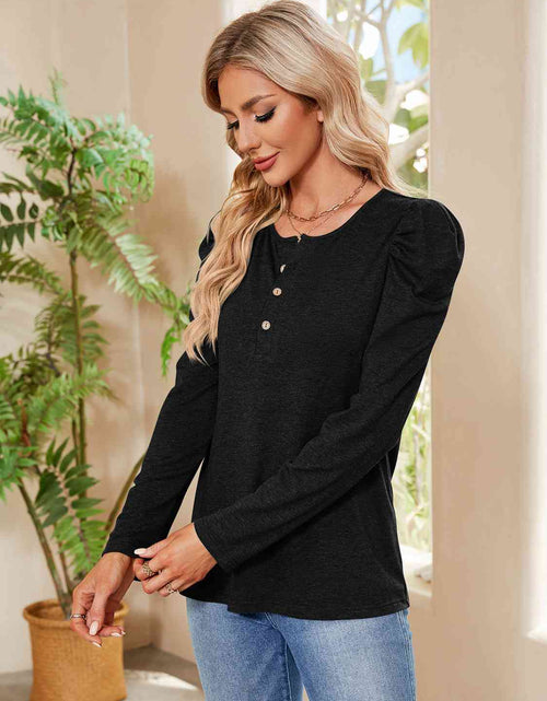 Load image into Gallery viewer, Buttoned Round Neck Puff Sleeve T-Shirt
