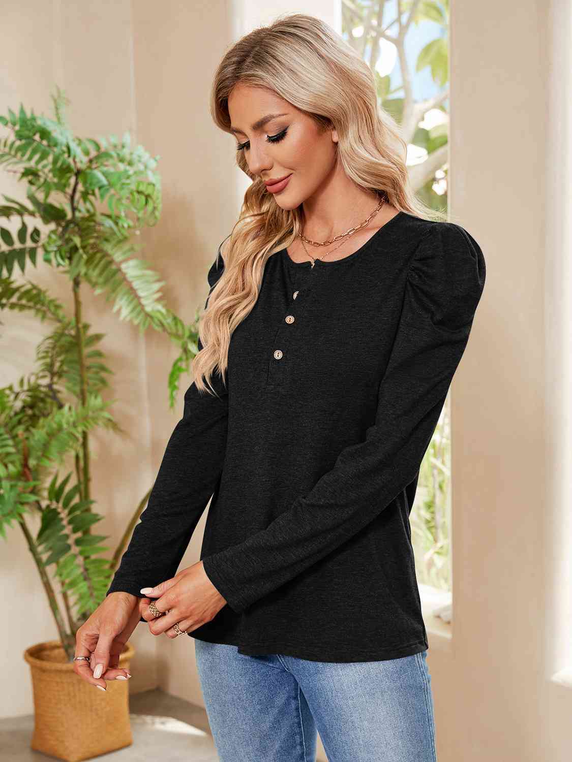 Buttoned Round Neck Puff Sleeve T-Shirt