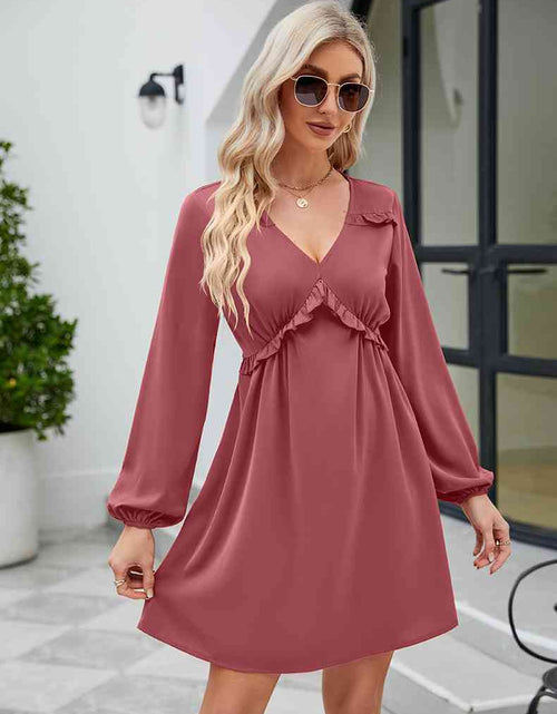 Load image into Gallery viewer, Frill Trim V-Neck Long Sleeve Dress
