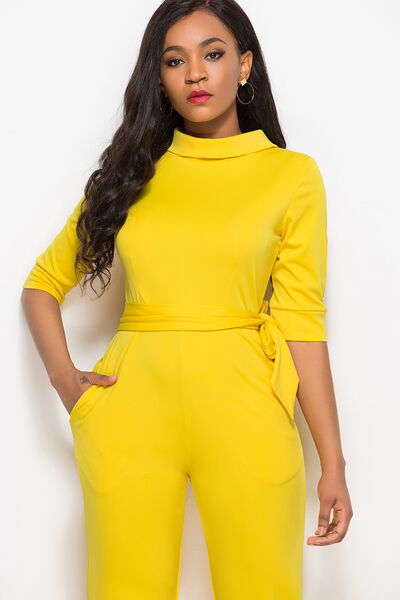 Load image into Gallery viewer, Mock Neck Tie-Waist Half Sleeve Jumpsuit
