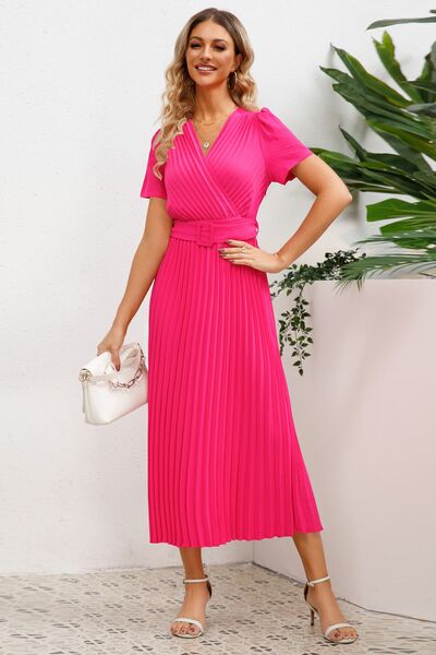 Load image into Gallery viewer, Pleated Surplice Short Sleeve Midi Dress
