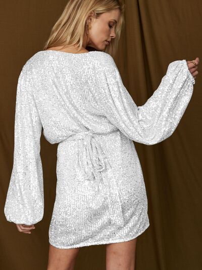 Load image into Gallery viewer, Tied Sequin Surplice Balloon Sleeve Dress
