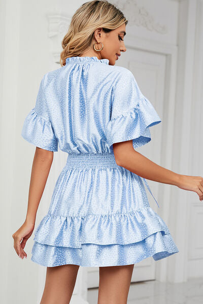 Load image into Gallery viewer, Smocked Tie Neck Flounce Sleeve Dress
