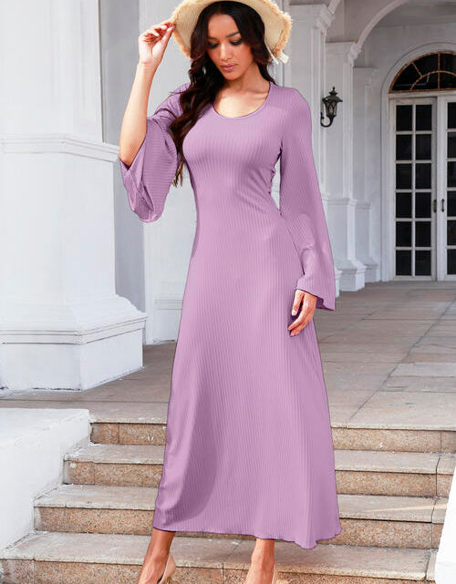 Load image into Gallery viewer, Tie Back Ribbed Round Neck Long Sleeve Dress
