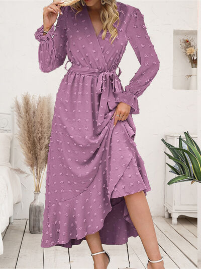 Load image into Gallery viewer, Swiss Dot Tie Waist Flounce Sleeve Dress
